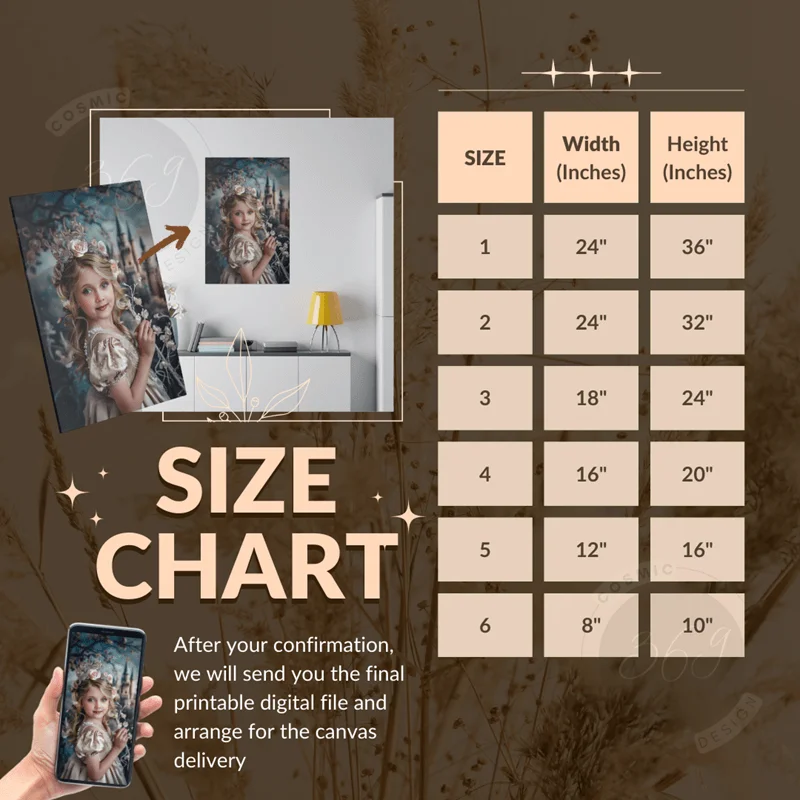 Custom Princess Portrait Canvas instruction 9 size chart for Matte Canvas