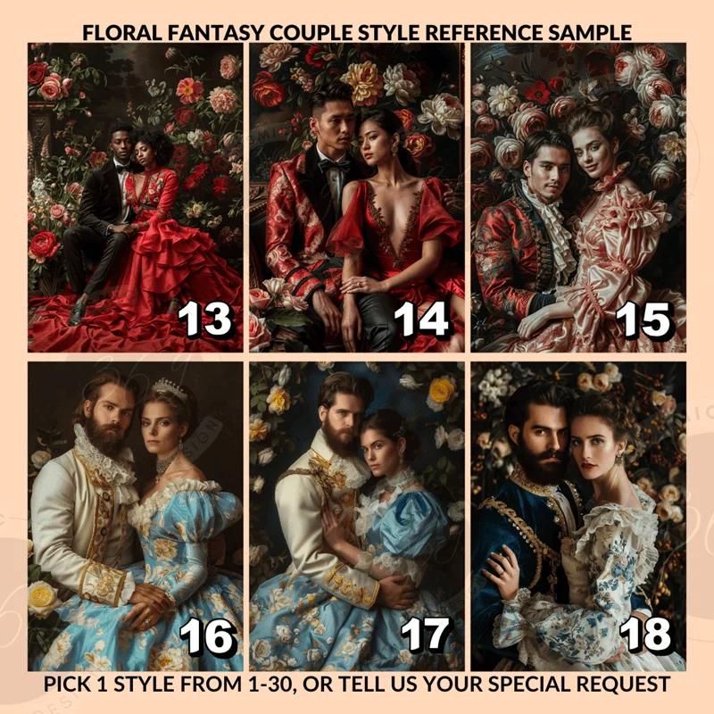 Personalized Fantasy Couple Portrait Matte Canvas Custom Floral Wonderland Couple Portrait Personalized Couple Portrait from Photo5 custom portrait from photo printing on matte canvas -- floral wonderland couple style