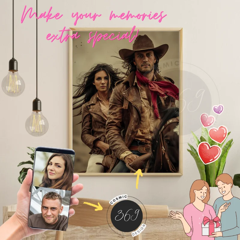 Custom Fantasy Couple Portrait Poster from photo Custom Couple Cowboy Cowgirl Portrait from normal photo1 anniversary gift idea for couples -- from normal photo to cowboy cowgirl portrait poster