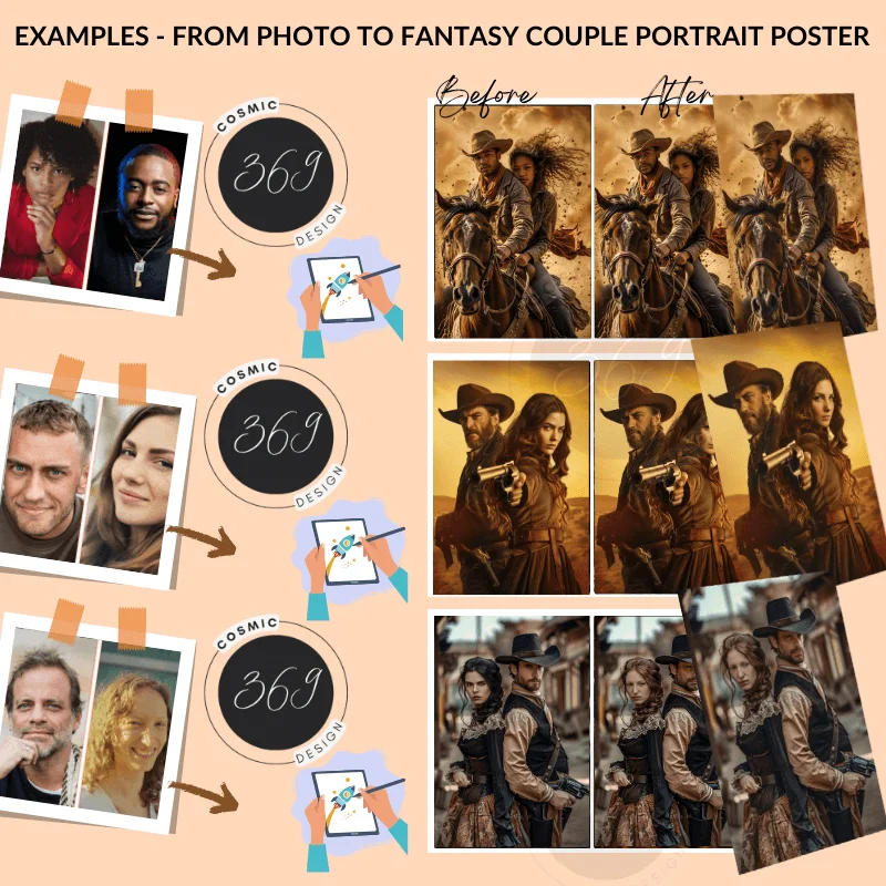 Custom Fantasy Couple Portrait Poster from photo Custom Couple Cowboy Cowgirl Portrait from normal photo2 turn your normal photo to fantasy personalized portrait. Cowboy Cowgirl Couple style.