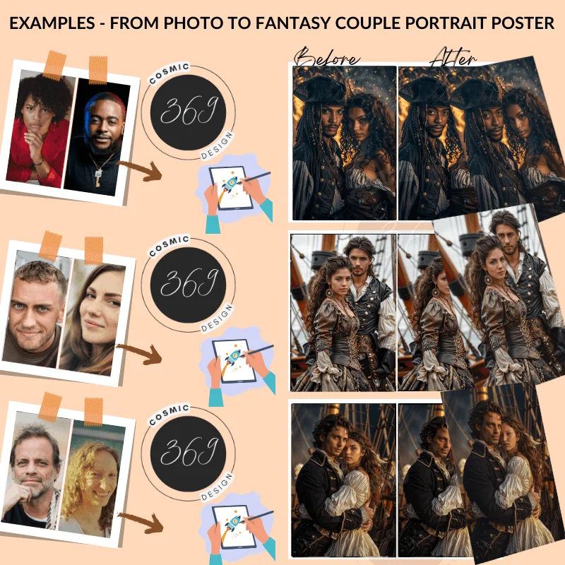 Custom Fantasy Couple Portrait Poster from photo Custom Couple Portrait from photo Pirate Couple Style2 personalized portrait - turn your normal photo into fantasy pirate couple portrait