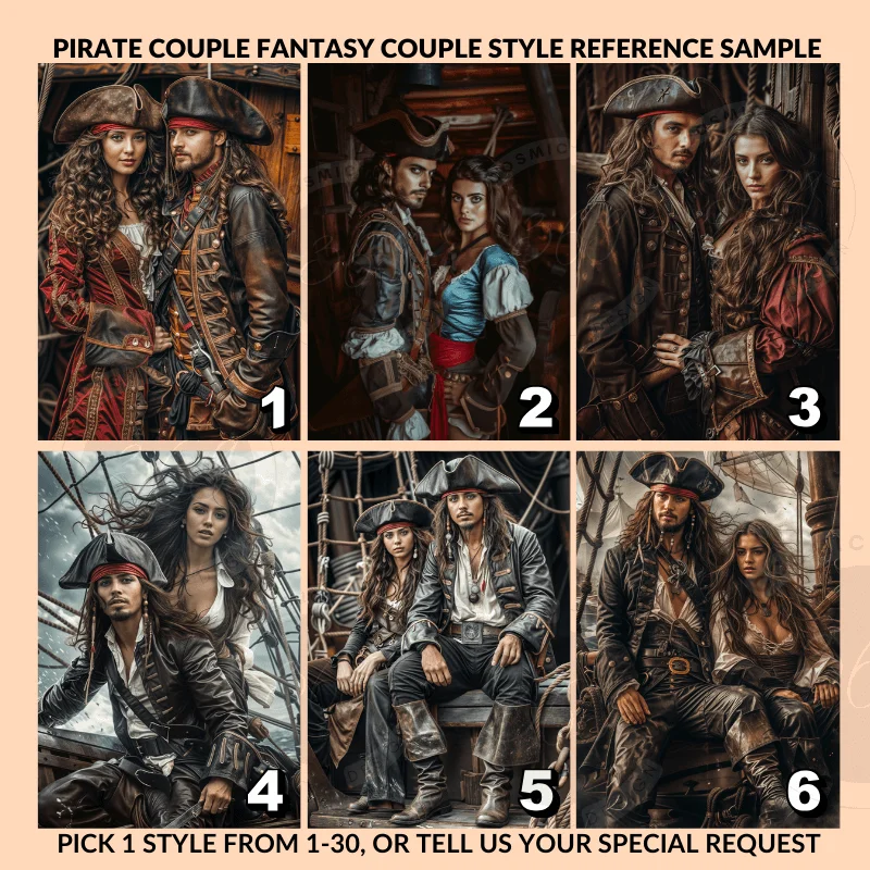 Custom Fantasy Couple Portrait Poster from photo Custom Couple Portrait from photo Pirate Couple Style3 anniversary gift idea for couples -- custom couple portrait -- pirate couple style