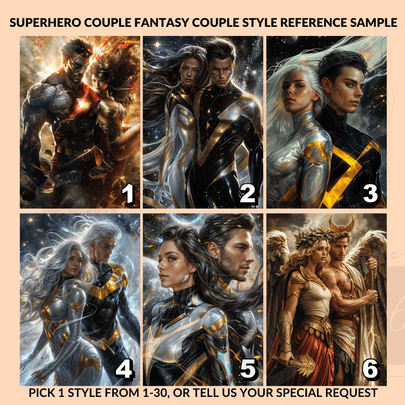 Custom Fantasy Couple Portrait Poster from photo Custom Couple Portrait from photo SuperHero Couple Style3 superhero couple personalized portrait -- style references