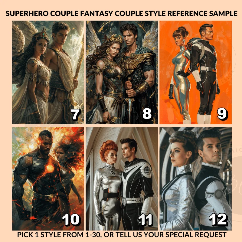 Custom Fantasy Couple Portrait Poster from photo Custom Couple Portrait from photo SuperHero Couple Style4 portrait style references -- personalized superhero couple portrait