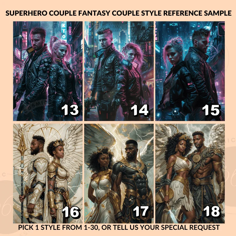 Custom Fantasy Couple Portrait Poster from photo Custom Couple Portrait from photo SuperHero Couple Style5 custom superhero couple portrait -- style references