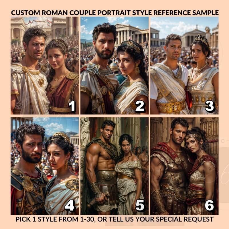 Custom Roman Couple portrait poster from Photo3 style reference for custom roman couple portrait poster