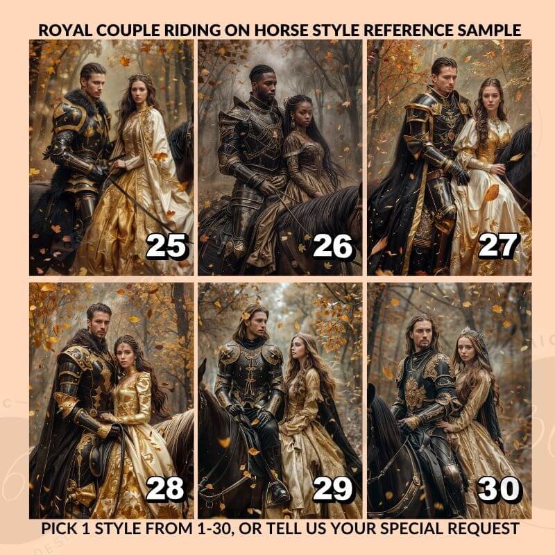 Custom Royal Couple Portrait Poster from Photo Royal Couple Riding on Horse 7 Royal Couple Riding on Horse -- Style reference for custom couple portrait poster