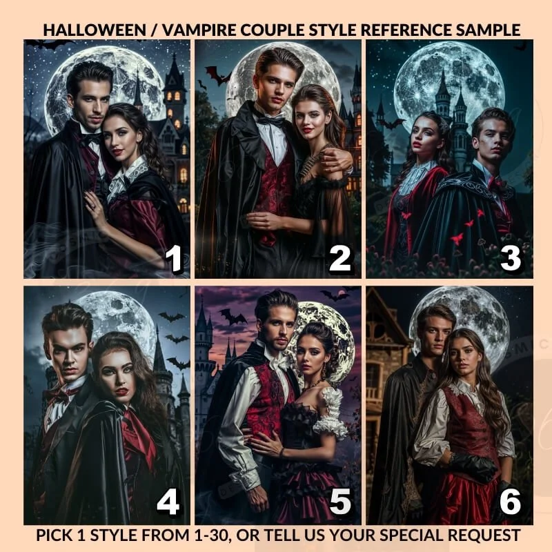 Custom Vampire Couple Portrait from Photo Halloween Portrait Poster3 (1) select your style -- custom vampire couple portrait -- good for anniversary gift / halloween gift