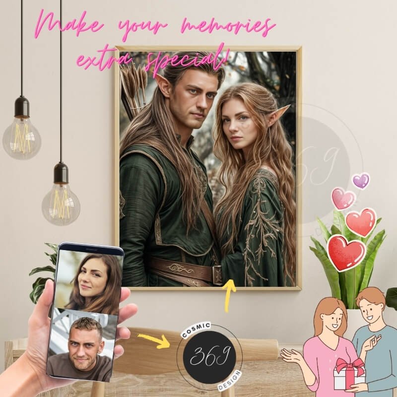 Custom Elf Couple Portrait Poster from Photo1 anniversary gift idea for couples