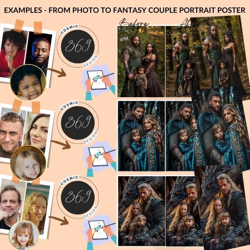 Fantasy Custom Family Portrait from photo, fantasy artful portrait2 (1) turning your normal photo into fantasy family portrait poster (3 person)