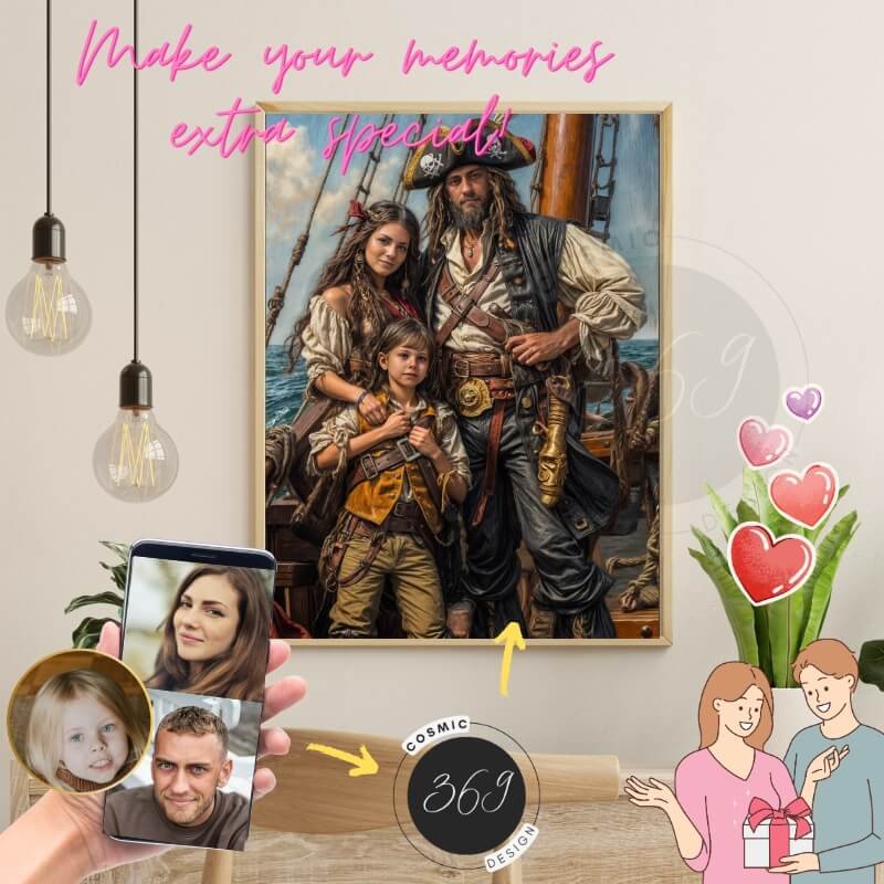 Pirate Family Portrait from photo1 custom family portrait poster for 3 pepople -- pirate family style