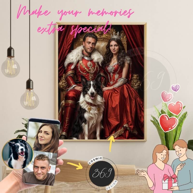 custom royal couple portrait with pet from photo1 anniversary gift idea for couples - personalized royal couple portrait with pet from photo