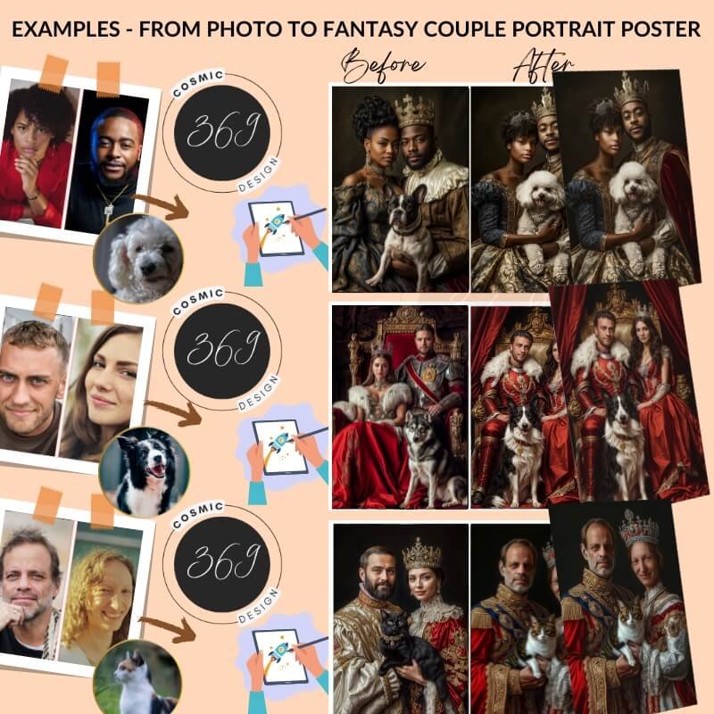custom royal couple portrait with pet from photo2 good anniversary gift idea for couples - turn your normal photos into royal couple portrait with lovely pet
