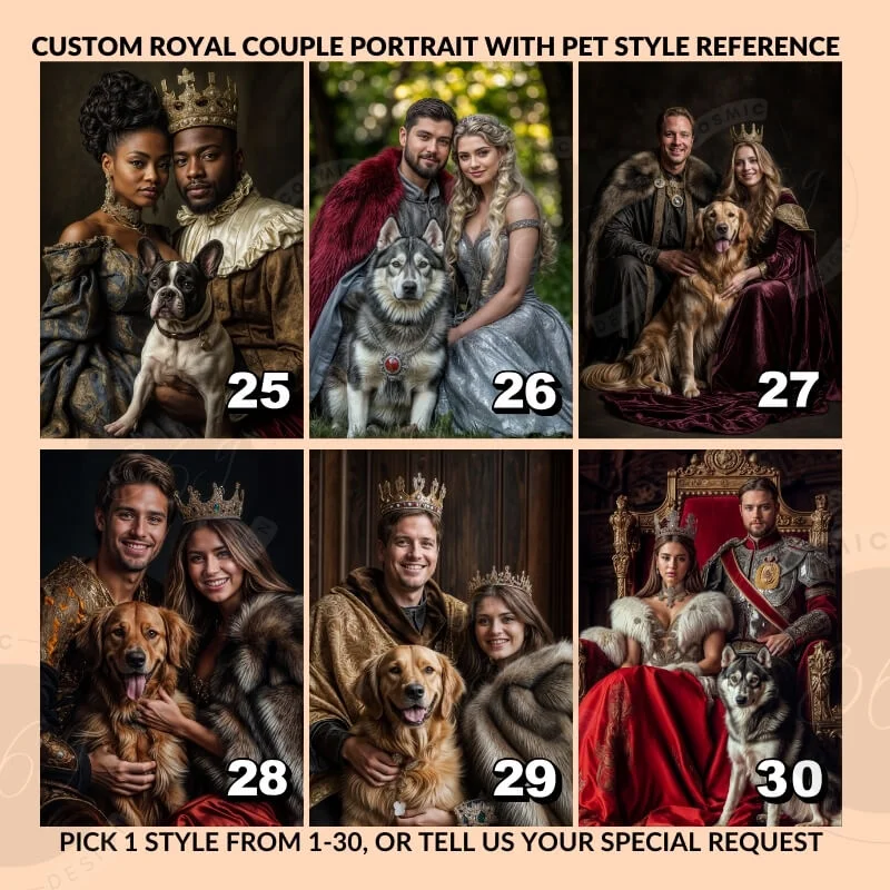 custom royal couple portrait with pet from photo7 royal couple portrait with pet - give us a normal photo and we turn that into beautiful custom fantasy couple portrait with pet