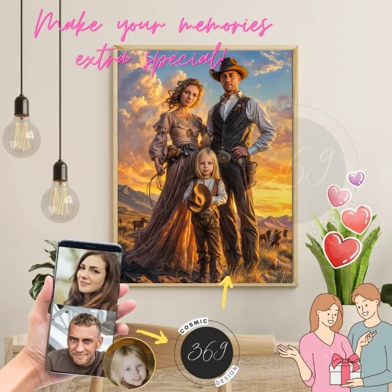 Custom Cowboy Style Fantasy Family Portrait with pet from photo 1 personalized family portrait for 3 person -- cowboy cowgirl style