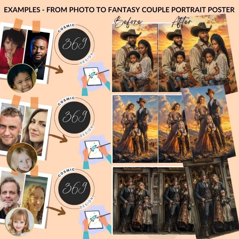 Custom Cowboy Style Fantasy Family Portrait with pet from photo 2 turn normal photos into custom fantasy family portrait for 3 person