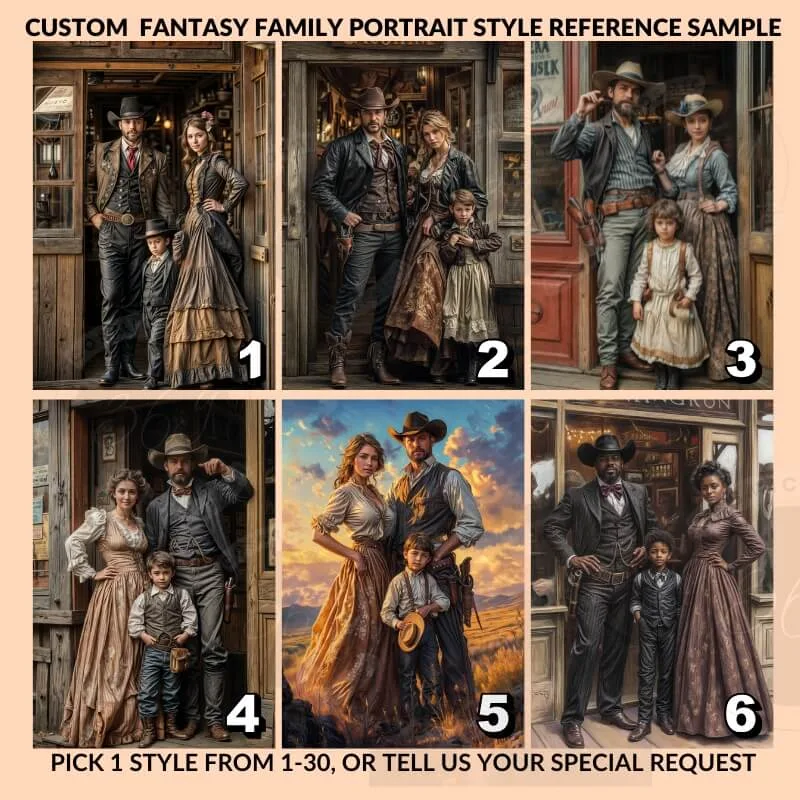 Custom Cowboy Style Fantasy Family Portrait with pet from photo 3 style references for custom fantasy family portrait for three people