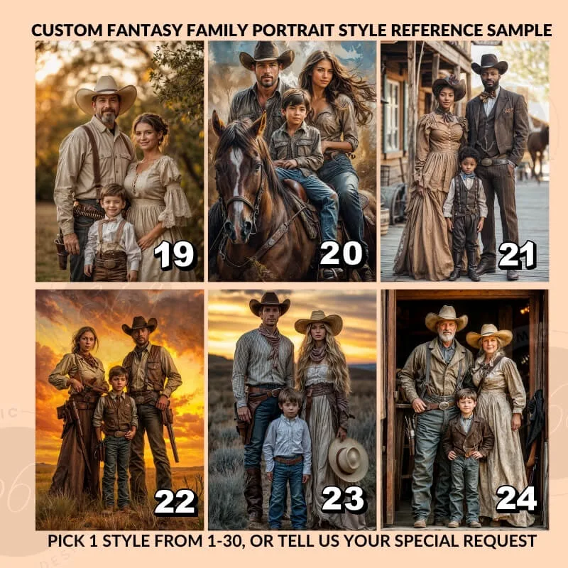 Custom Cowboy Style Fantasy Family Portrait with pet from photo 6 turn your normal photos into fantasy family portrait - cowboy cowgirl family style