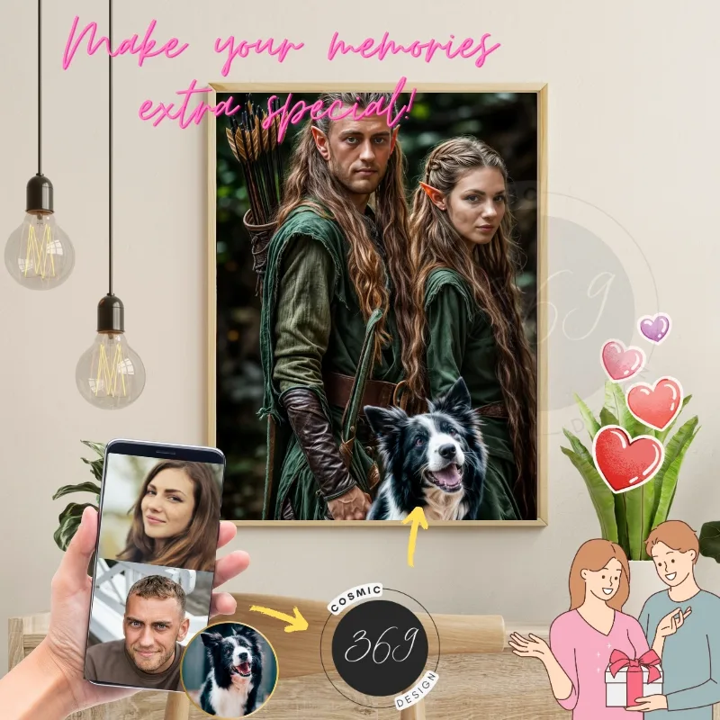 Custom Middle Earth Style Fantasy Couple Portrait with pet from photo1