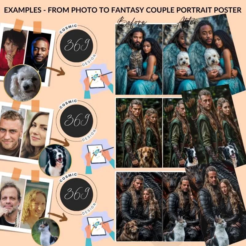 Custom Middle Earth Style Fantasy Couple Portrait with pet from photo2 (1) custom couple portrait, custom family portrait, custom pet portrait