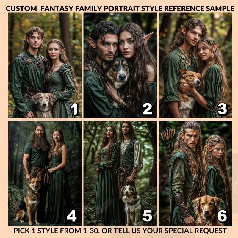 Custom Middle Earth Style Fantasy Couple Portrait with pet from photo3 personalized couple portrait. personalized family portrait. personalized pet portrait