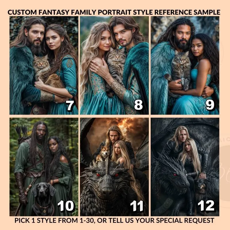 Custom Middle Earth Style Fantasy Couple Portrait with pet from photo4 middle-earch style, fantasy style custom couple portrait with pet