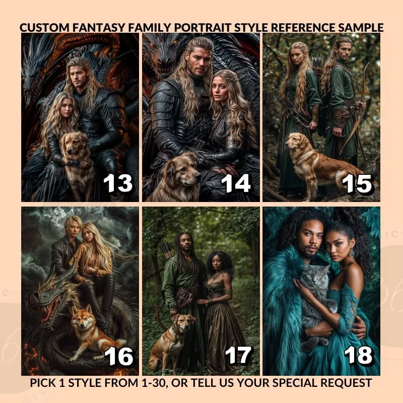 Custom Middle Earth Style Fantasy Couple Portrait with pet from photo5 style references for custom couple portrait with pet