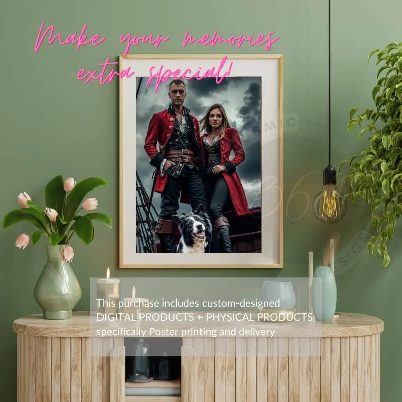 Custom Pirate Style Fantasy Couple Portrait with pet from photo10 personalized couple portrait poster with pet -- pirate fantasy style