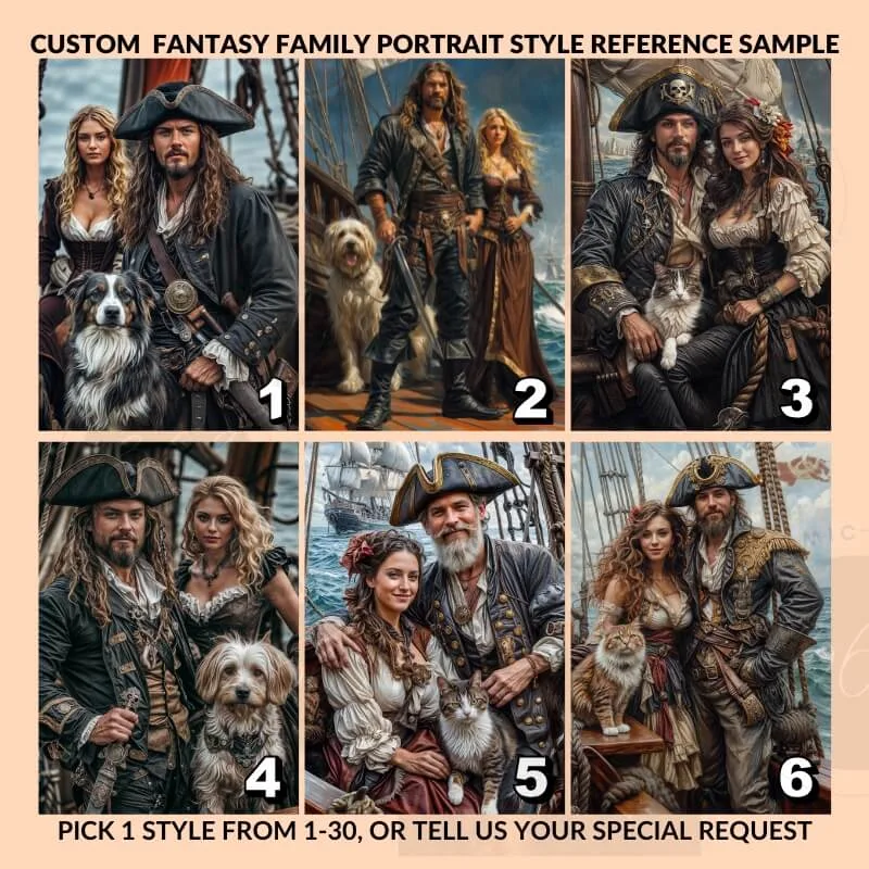 Custom Pirate Style Fantasy Couple Portrait with pet from photo3 (1) personalized portrait poster from normal photo - fantasy pirate style