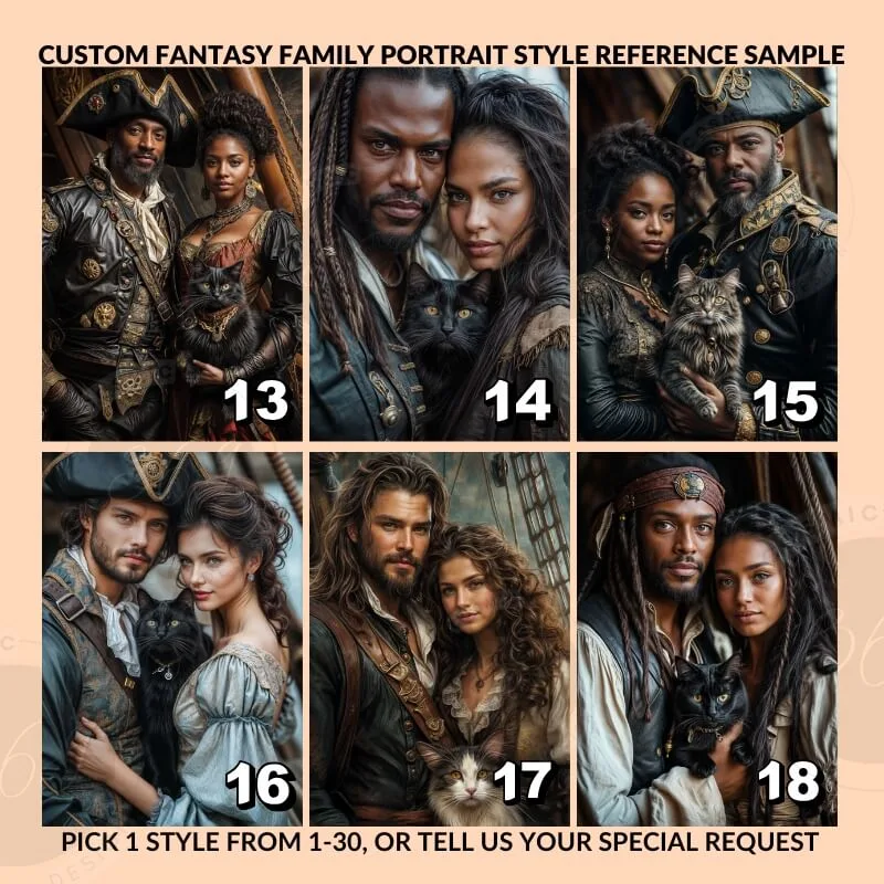 Custom Pirate Style Fantasy Couple Portrait with pet from photo5 Pirate sytyle reference for couple potrait and pet -- good anniversary gift idea for couple