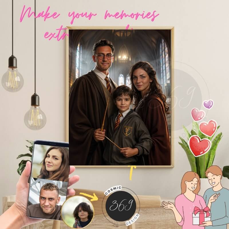 Custom Wizard Family Portrait from photo 3 people digital portrait painting from photo1 anniversary gift idea for couples -- wizard family portrait from normal photo