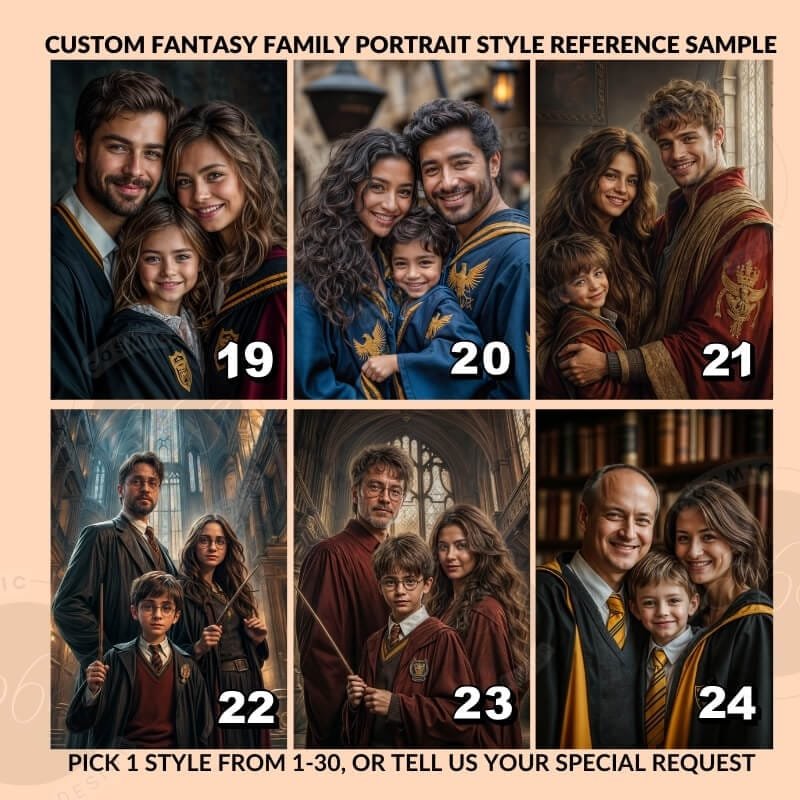 Custom Wizard Family Portrait from photo 3 people digital portrait painting from photo6 style references for fantasy family portrait