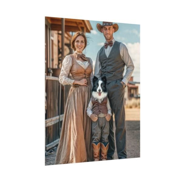 Fantasy Western Cowboy Cowgirl Couple Portrait Poster with Pet from photo 2 person 1 pet | custom portrait painting from photo | Best for Birthday Gift, Holiday Gift - Image 3