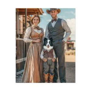 Fantasy Western Cowboy Cowgirl Couple Portrait Poster with Pet from photo 2 person 1 pet | custom portrait painting from photo | Best for Birthday Gift, Holiday Gift
