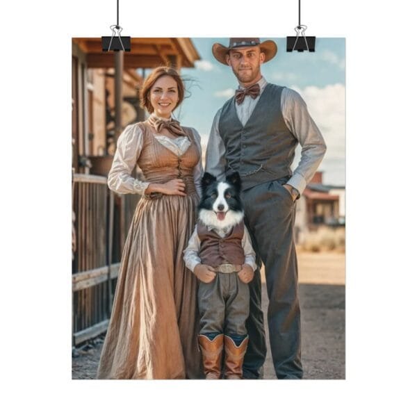 Fantasy Western Cowboy Cowgirl Couple Portrait Poster with Pet from photo 2 person 1 pet | custom portrait painting from photo | Best for Birthday Gift, Holiday Gift - Image 2