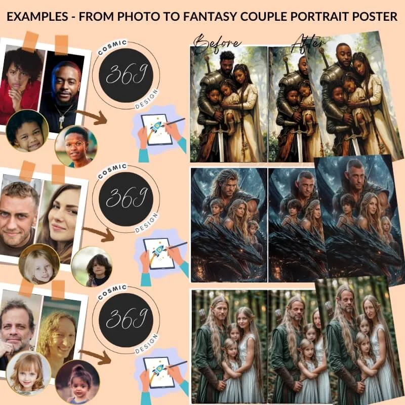 Custom DnD Style Fantasy Family Portrait of 4 from photo2 turn your normal photos into custom fantasy family portrait