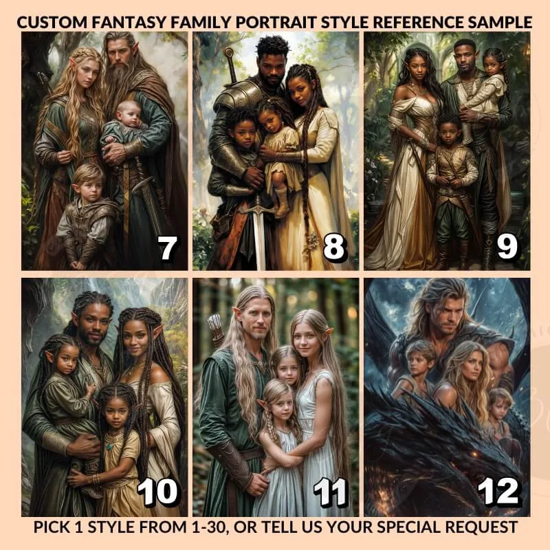 Custom DnD Style Fantasy Family Portrait of 4 from photo4 style reference for custom portrait poster -- fantasy style family portrait