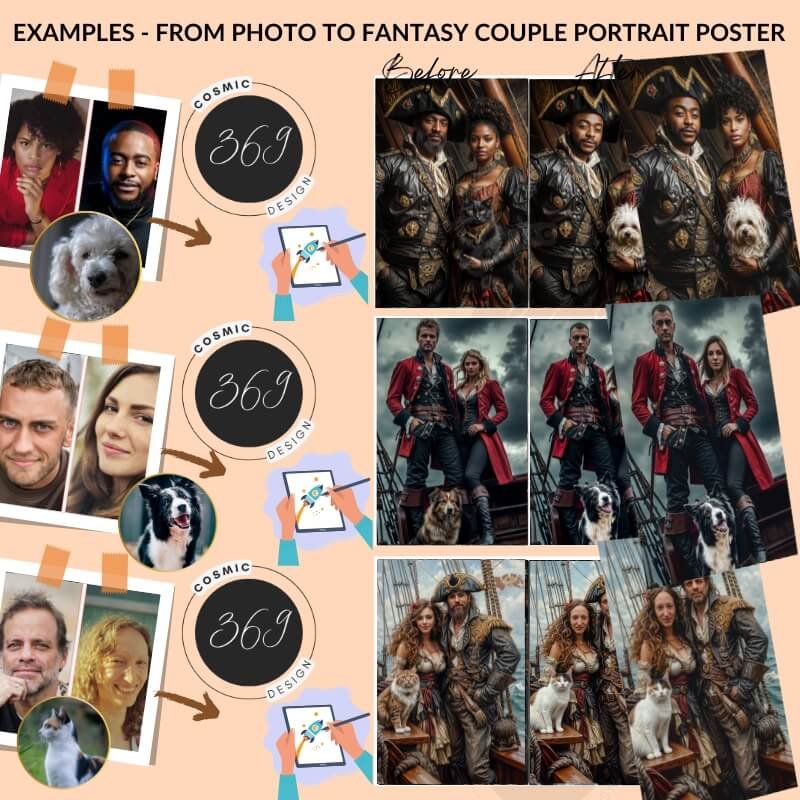 Custom Pirate Style Fantasy Couple Portrait with pet from photo (1) good anniversary gift idea for him - custom fantasy couple portrait poster with pet